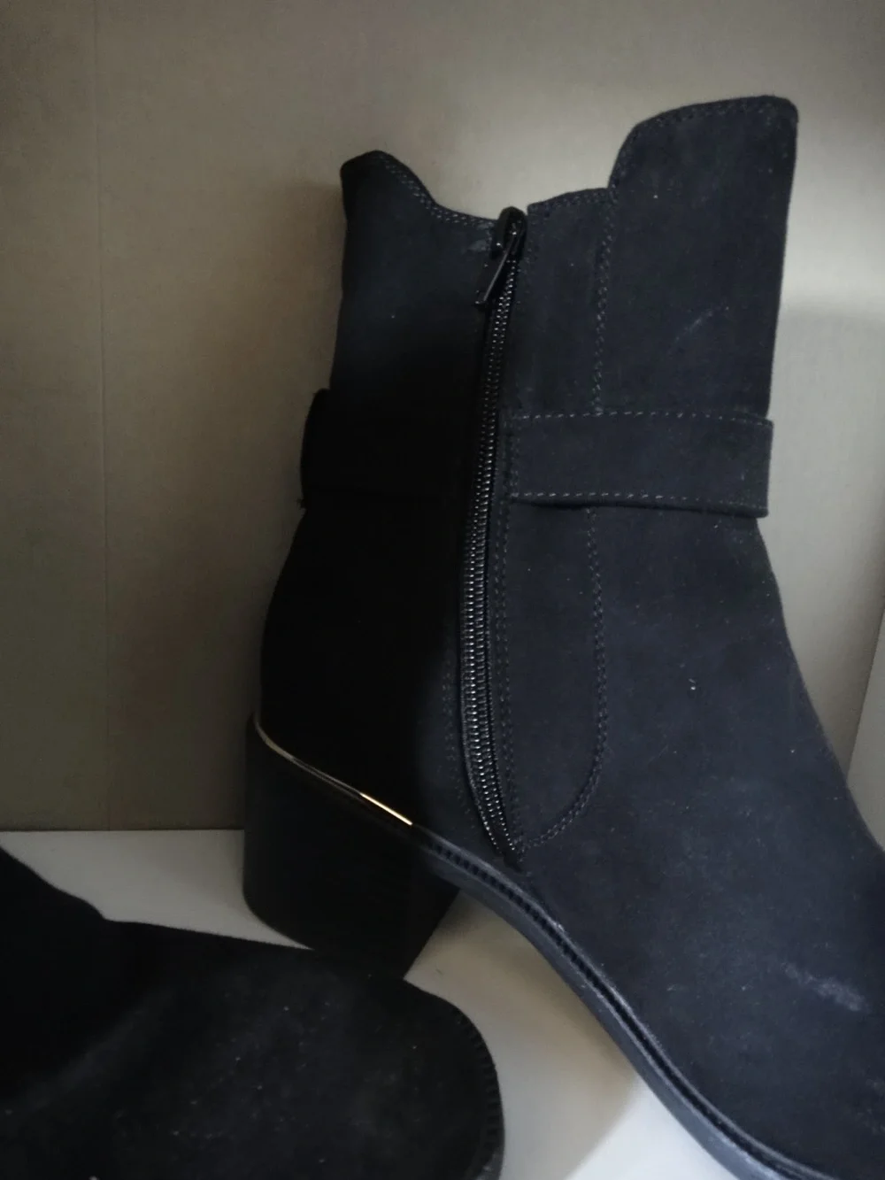 Rock & Candy Black Suede Ankle Booties with Gold Buckle